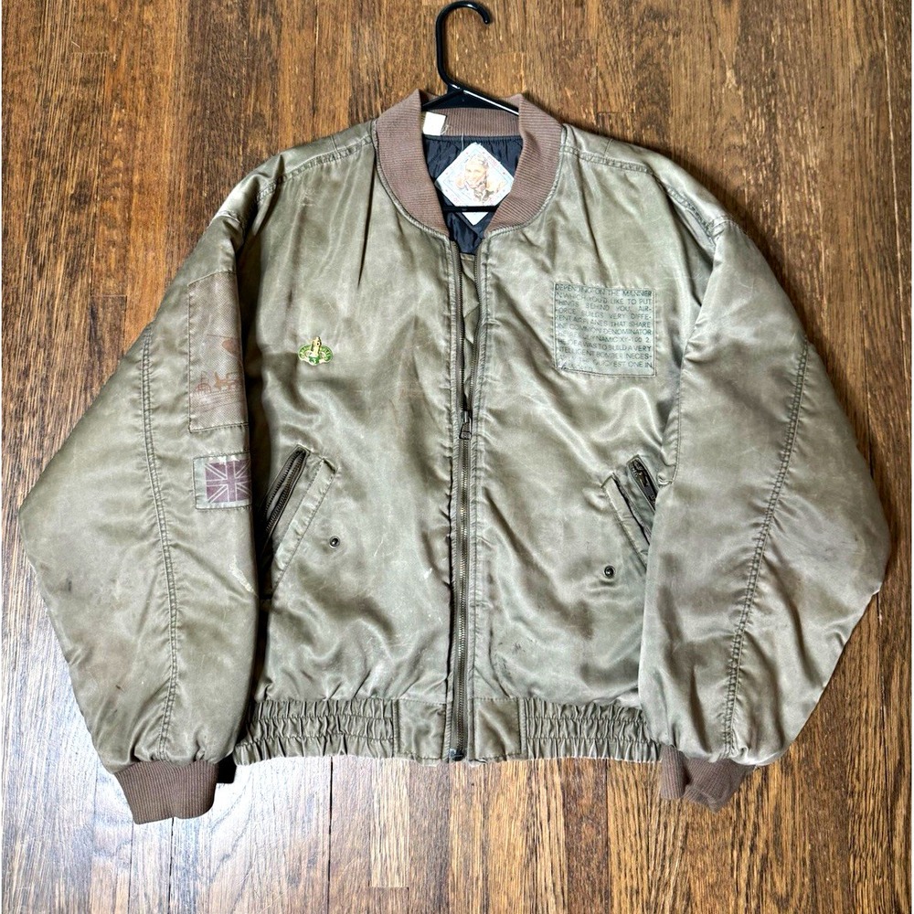 Vintage Coda Nylon Bomber Flight Jacket Green Size Med M MA-1 Pilot Patch Pins